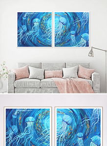 蓝色水母泡沫 现代水彩手绘家居装饰的艺术魅力与实用价值